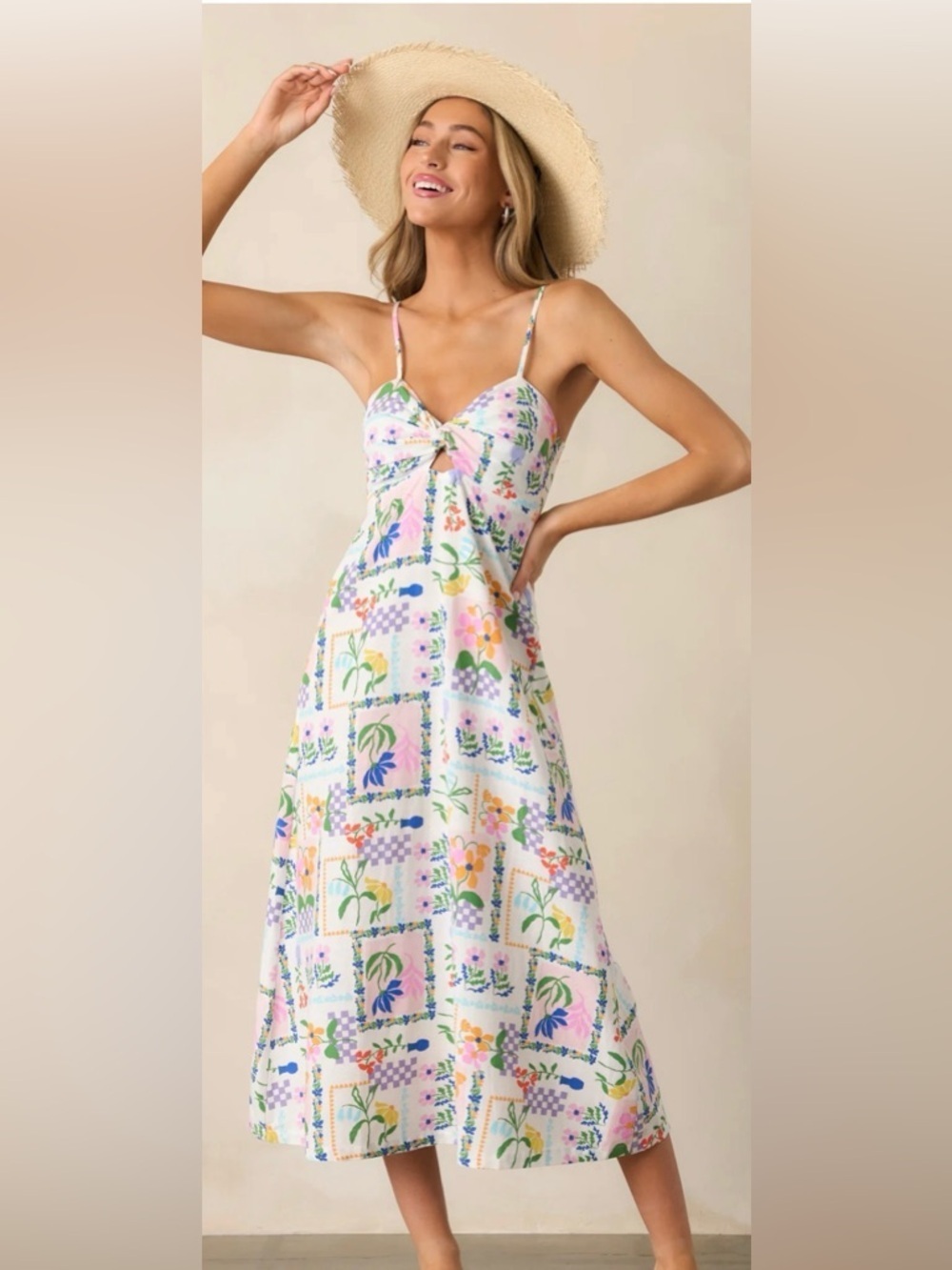 MINKPINK Nikita Twist Ivory Picnic Midi Dress Twist Flowy Smock Small NWOT